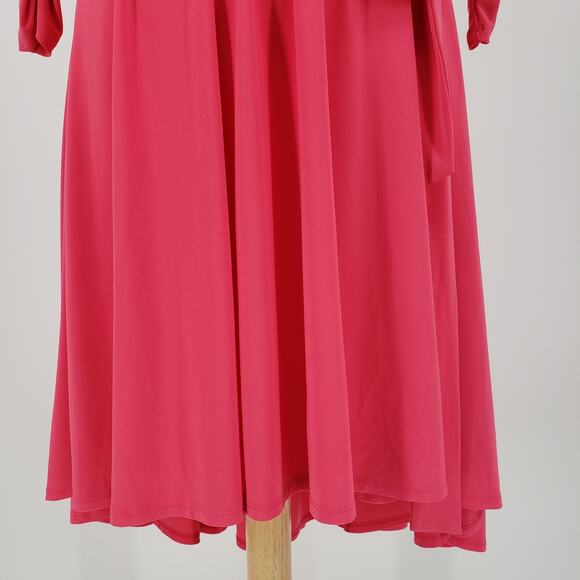 Eliza J Faux Wrap Cocktail Dress 10 Jersey Knit Belted V Neck High Low Hem Pink - Picture 11 of 13